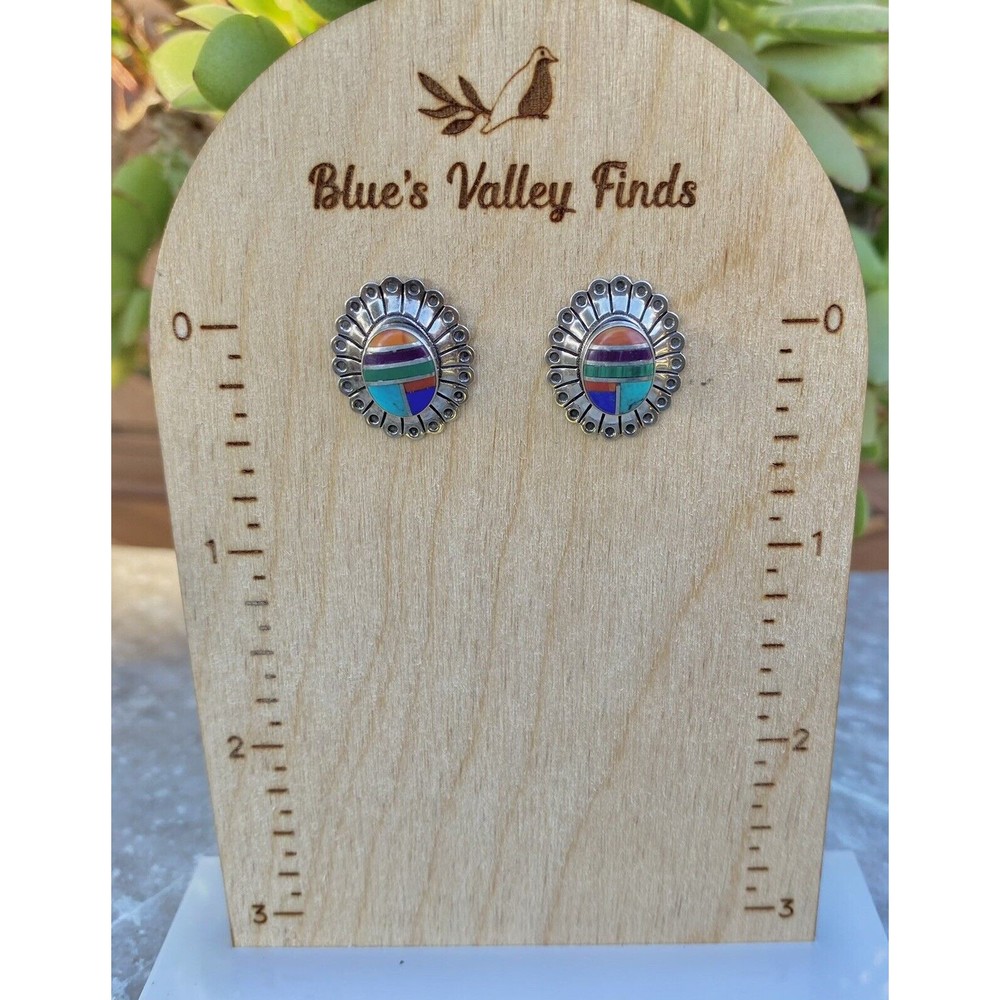 Sterling Silver Southwestern Multi Stone Inlay Marcasite Turquoise Onyx Earrings